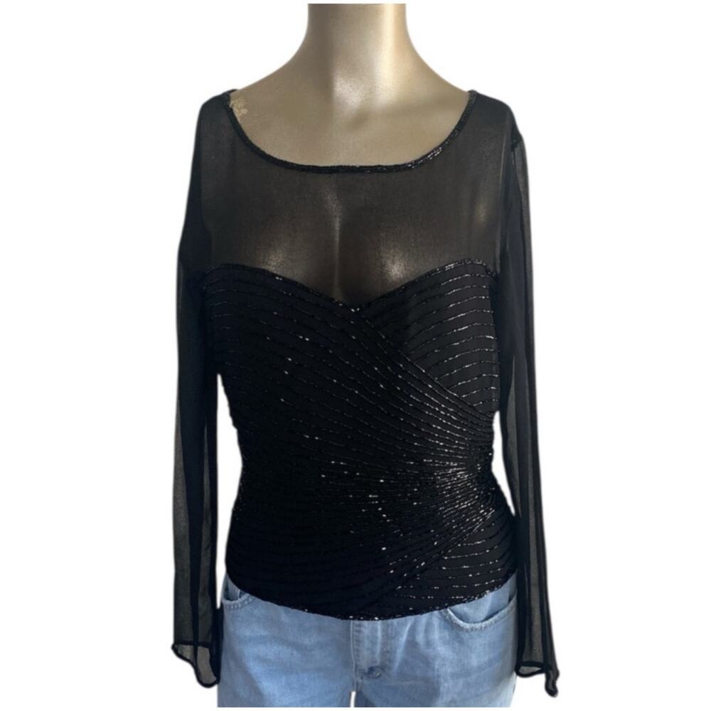 JMD New York Women Small Blouse Top Black Vintage Beaded Sheer Elegant Glam